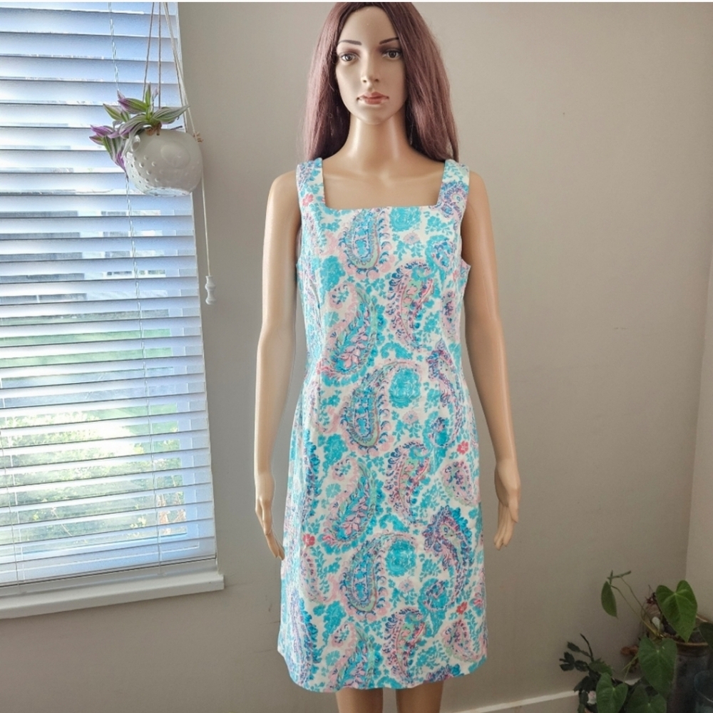 Talbots dress size 6  blue Fresco Paisley  sleeveless sheath midi